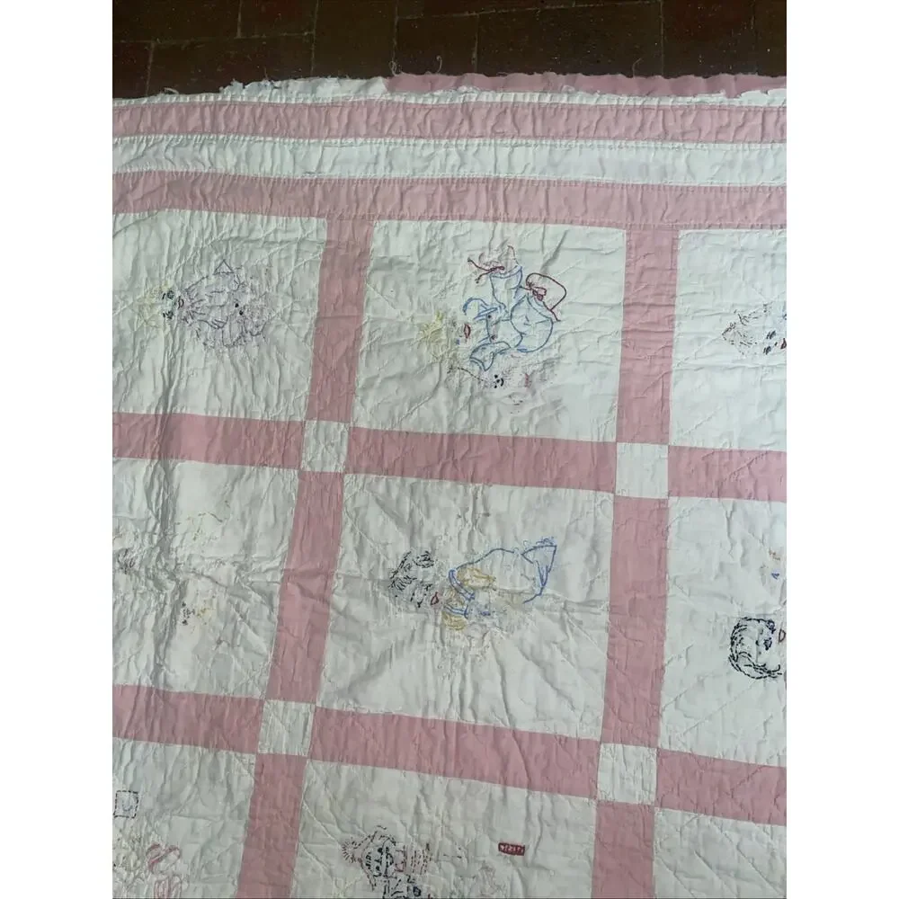 Vintage Patchwork Hand Quilted Embroidered Baby Girl Cotton Blanket Quilt 44” SQ